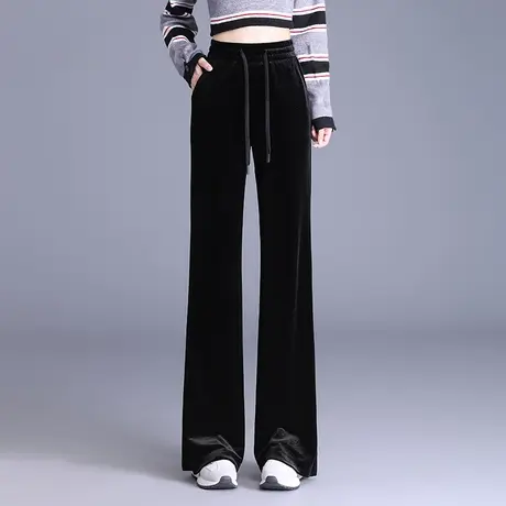 金丝绒休闲裤女秋冬2023新款松紧高腰显瘦微喇直筒裤垂感阔腿长裤商品大图