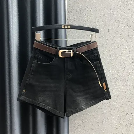 23秋季新款韩版百搭休闲黑色牛仔短裤女设计感高级显瘦宽松阔腿裤商品大图