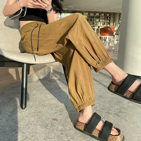 咖色醋酸运动裤女春秋新款高腰宽松显瘦百搭九分休闲束脚灯笼裤潮商品大图