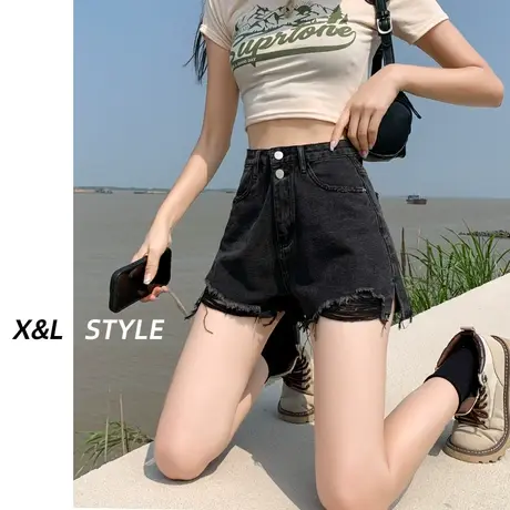 黑灰破洞高腰牛仔短裤女春秋季2023设计感a字辣妹宽松阔腿热裤子商品大图