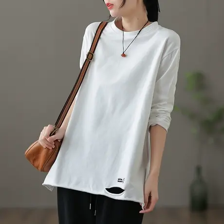 dza纯色全棉圆领打底衫春秋新款宽松长袖t恤女士内搭显瘦破洞上衣商品大图