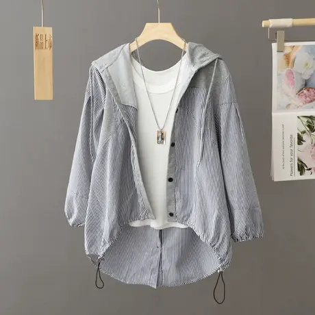 休闲连帽格子外套女宽松春秋季2023新款前短后长衬衫中长款开衫潮图片