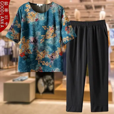 中老年妈妈夏装绸缎T恤上衣两件套大码宽松洋气印花短袖休闲套装商品大图