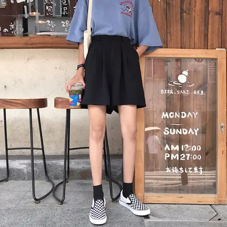 西装工装短裤女夏黑色高腰五分裤ins宽松大码胖mm垂感阔腿a字裤潮商品大图