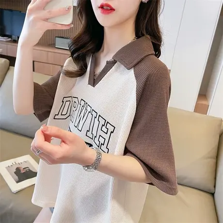 小众设计感短袖t恤女夏季韩版宽松大码翻领polo衫撞色小个子上衣商品大图