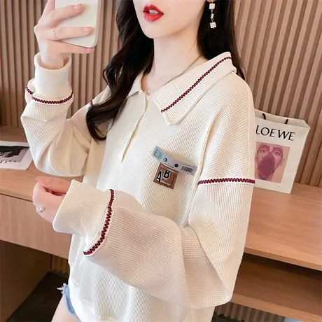 华夫格娃娃领卫衣女2023新款春秋韩版宽松薄款早秋polo领上衣外套图片