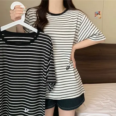 复古chic港味条纹半袖体恤上衣女夏季韩版宽松显瘦ins潮流短袖T恤商品大图