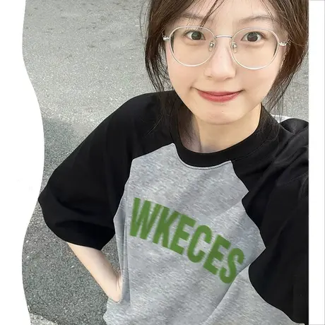 夏季新款短袖t恤女小众设计感插肩袖拼色复古港风chic宽松上衣ins图片