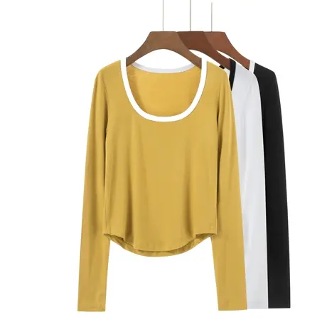 早春新款U领修身纯棉纯色韩版纯欲下摆圆弧长袖体恤上衣内搭女装图片