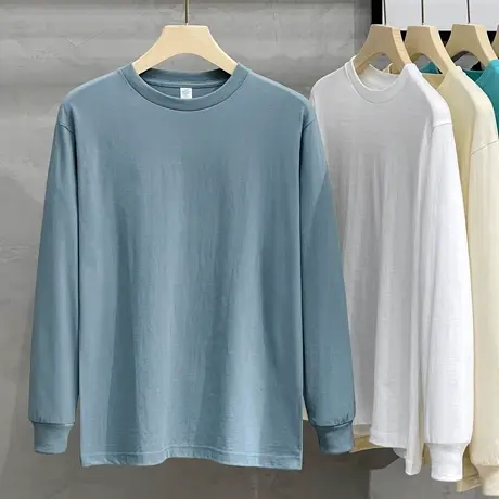 260G重磅长袖t恤男春秋季新日本纯棉宽松原创卫衣纯色打底衫潮商品大图