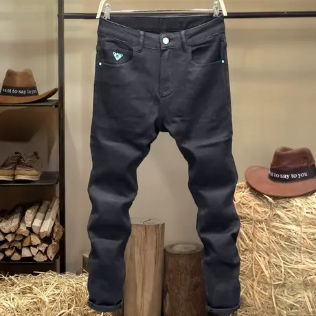 黑色弹力牛仔裤男款潮牌刺绣修身小脚裤高街显瘦休闲长裤潮流百搭图片