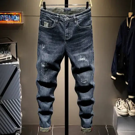 春夏款潮牌破洞牛仔裤男修身小脚显瘦百搭男士加厚长裤子男韩版潮商品大图