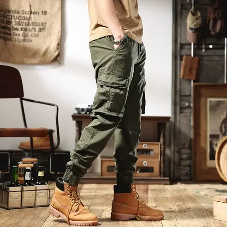 美式军绿色工装裤子男2022夏季薄款潮流男士休闲裤宽松小脚束脚裤商品大图