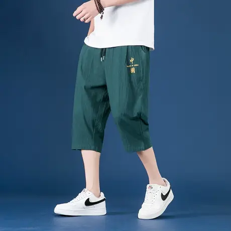 亚麻七分裤男夏季薄款宽松棉麻裤子中国风男裤休闲运动裤男士短裤图片