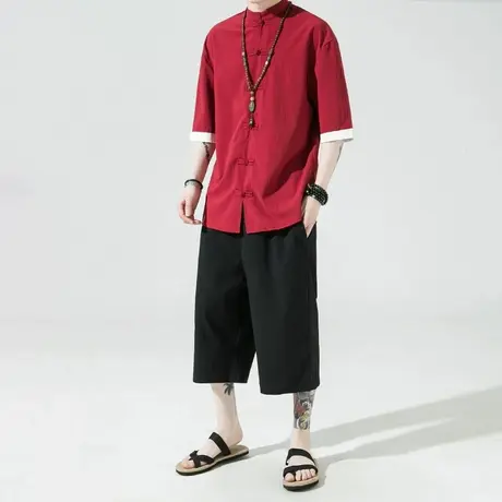 新中式男装中国风冰丝短袖衬衫唐装男青年盘扣中山衬衣搭配两件套商品大图