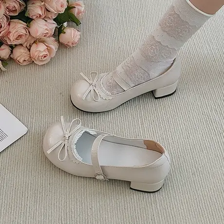 黑色法式百搭浅口粗跟单鞋女2023新款夏季lolita圆头复古玛丽珍鞋商品大图