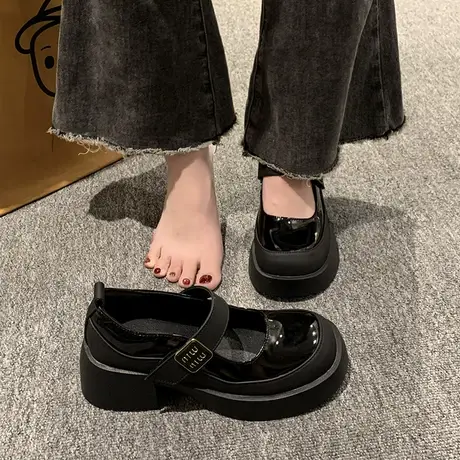小皮鞋女2023年春秋季新款潮流时尚学院风单鞋厚底魔术贴玛丽珍鞋商品大图