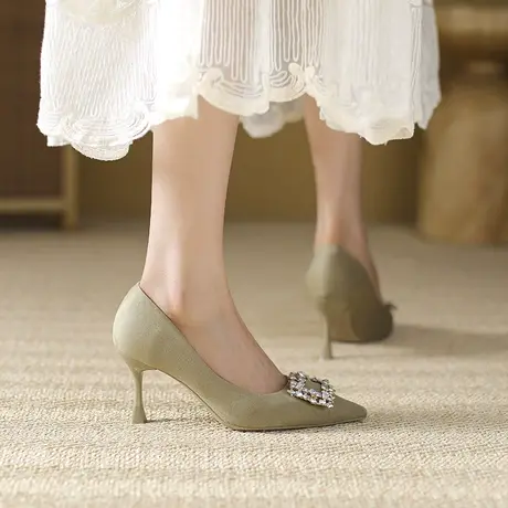 法式尖头高跟鞋女2023年春夏新款绒面细跟气质名媛水钻不累脚单鞋图片