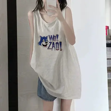 纯棉吊带坎肩背心无袖t恤女夏季设计感小众外穿宽松港风挂脖上衣图片