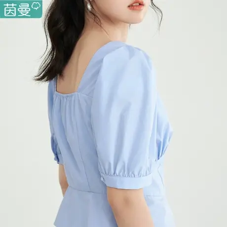 茵曼旗舰店方领衬衫女2023年春季新款泡泡袖短袖甜美收腰短款上衣商品大图