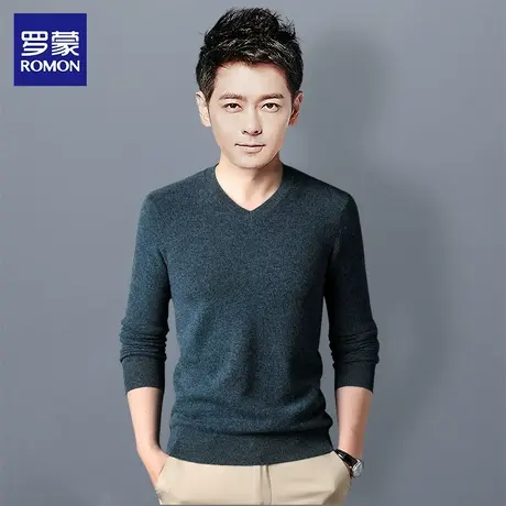 罗蒙纯羊毛V领针织衫男士2023秋季新款时尚休闲毛衣修身打底衫男商品大图