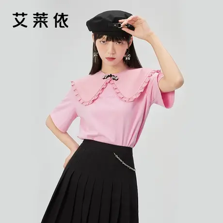 艾莱依可拆卸娃娃领t恤女2022夏季新款气质复古小衫显瘦盘扣上衣商品大图