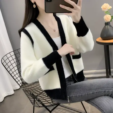 撞色针织开衫女秋季V领仿水貂绒2023年新款宽松百搭拉链毛衣外套商品大图