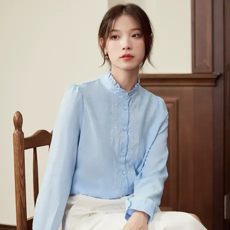 茵曼木耳边立领长袖衬衫女士2023年秋季新款通勤简约衬衣法式上衣商品大图