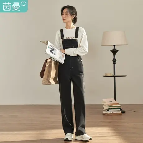 【商场同款】茵曼2022春女装新款文艺气质宽松直筒黑色牛仔背带裤图片