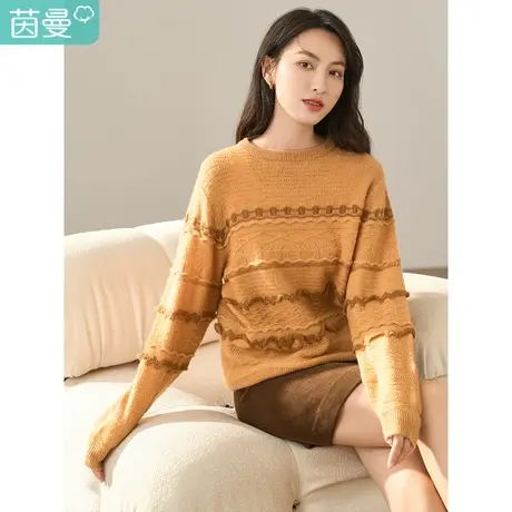 【商场同款】茵曼冬女装新款田园圆领条纹钩织花边套头毛衣图片