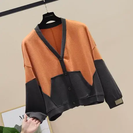 气质拼色卫衣开衫女秋装新款韩版休闲优雅V领品质针织短外套上衣商品大图
