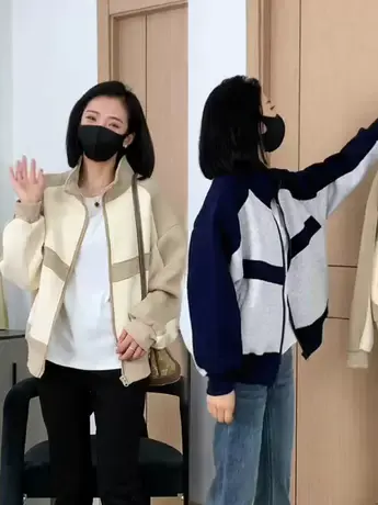 韩系休闲立领拼色棒球服外套女秋2023新款高级感宽松短款夹克粉色商品大图