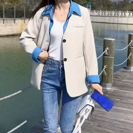 高级感假两件西装外套女2023春季新款设计感小众衬衫假领休闲外套图片