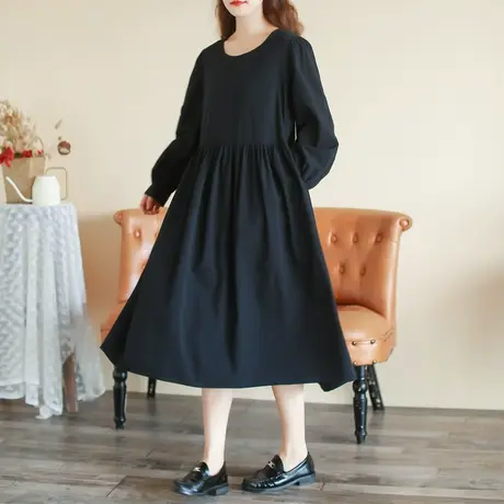 胖妹妹春装复古长袖打底连衣裙 加大码2023新款纯棉长袖打底裙女商品大图