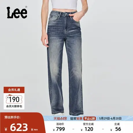 Lee25早秋新品428懒懒裤舒适高腰直脚五袋款复古中深蓝女牛仔裤潮图片