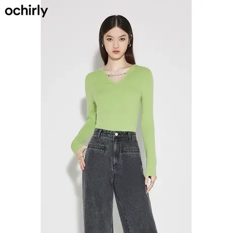 【品牌甄选】欧时力 羊毛修身毛衣 新款春v领上衣打底链条显瘦图片