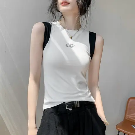 歌倍尚印花圆领背心女2025夏季新款修身显瘦衬衫独特T恤无袖上衣商品大图