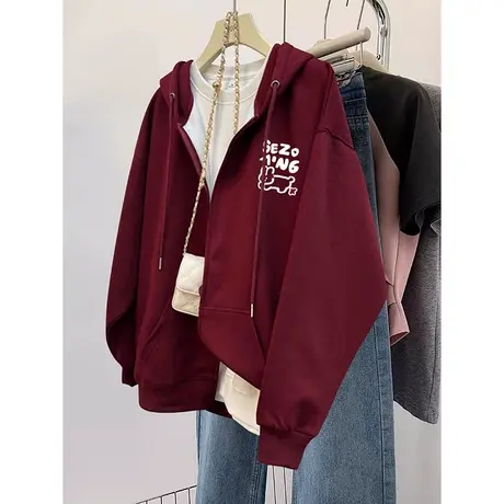 秋冬加绒连帽外套oversize大码复古开衫卫衣女ins潮小众酒红上衣商品大图