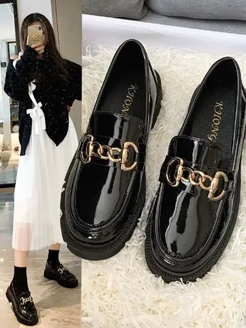 潮牌秋季新款英伦风漆皮小皮鞋女ins百搭时尚厚底乐福鞋粗跟单鞋商品大图