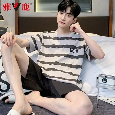 雅鹿男款睡衣夏季纯棉短袖短裤2025新款青少年夏天全棉家居服套装商品大图