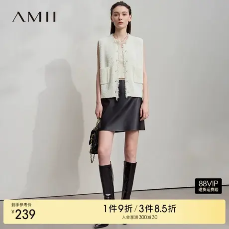 Amii2025秋新款优雅复古香风肌理感流苏针织马夹女宽松无袖上衣图片