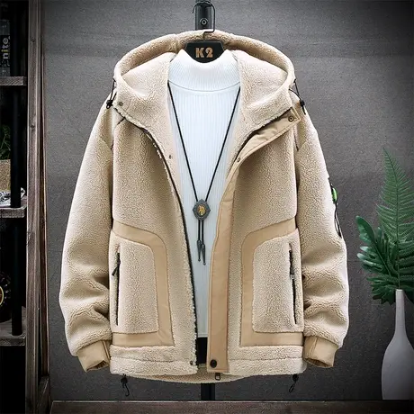 羊羔毛棉衣男冬季加厚宽松潮流纯色连帽外套青年港风潮牌帅气棉服商品大图