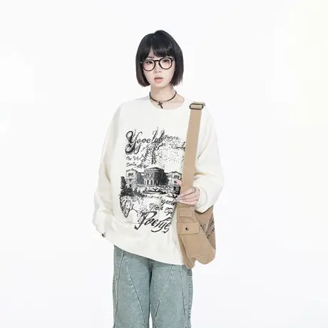YEP复古印花圆领卫衣男女春季新款插肩袖情侣装宽松套头无帽上衣商品大图
