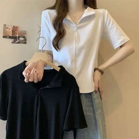 半拉链设计感小众短袖T恤女夏装修身韩版打底衫内搭外穿半袖上衣商品大图