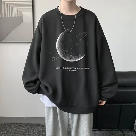 长袖T恤男春秋潮牌宽松印花T恤青少年休闲纯棉黑色打底衫夏季男t图片