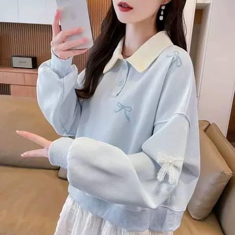 polo领假两件蝴蝶结卫衣女2025新款春秋季宽松薄款初中生上衣外套图片