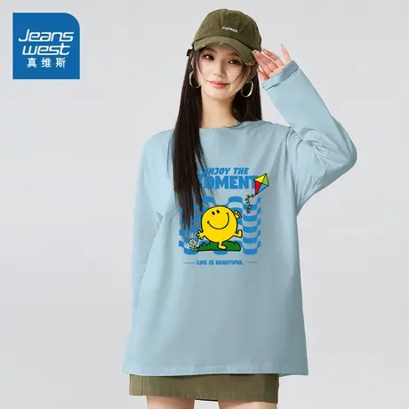 JR真维斯男女同款2025秋季新款 时尚趣味可爱印花圆领长袖纯棉T恤商品大图