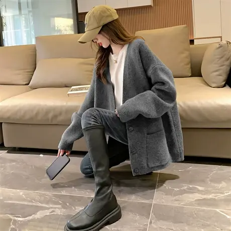 唐狮2024新款简约开衫毛衣外套女宽松上衣慵懒风高级感针织衫qd商品大图