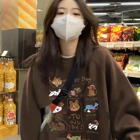 无帽圆领卫衣女2025新款早秋季小个子宽松韩系慵懒风美式复古上衣图片