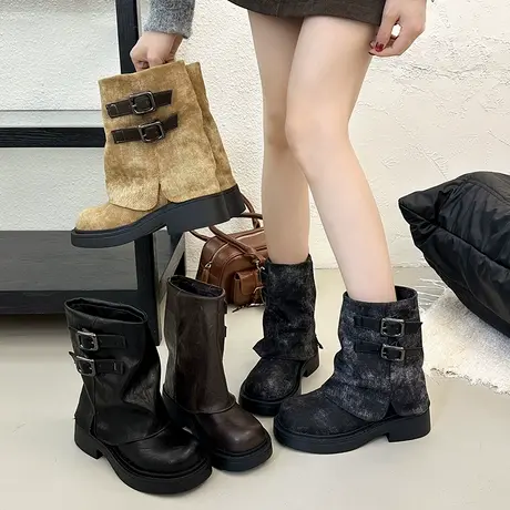 厚底增高裤管靴女2025秋季新款高级感英伦风短靴小个子气质马丁靴商品大图